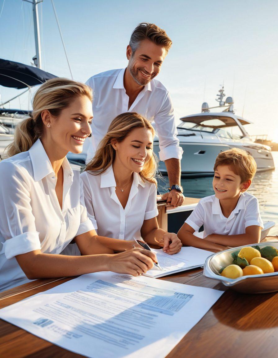 A serene marina scene with luxurious yachts docked, reflecting golden sunlight on calm waters. In the foreground, a smiling family enjoys a picnic on a yacht deck, showcasing joy and relaxation. In the background, a professional insurance agent presents a yacht policy document to an attentive couple. Surrounding elements include sparkling waves and blue skies, symbolizing protection and investment. vibrant colors. super-realistic.