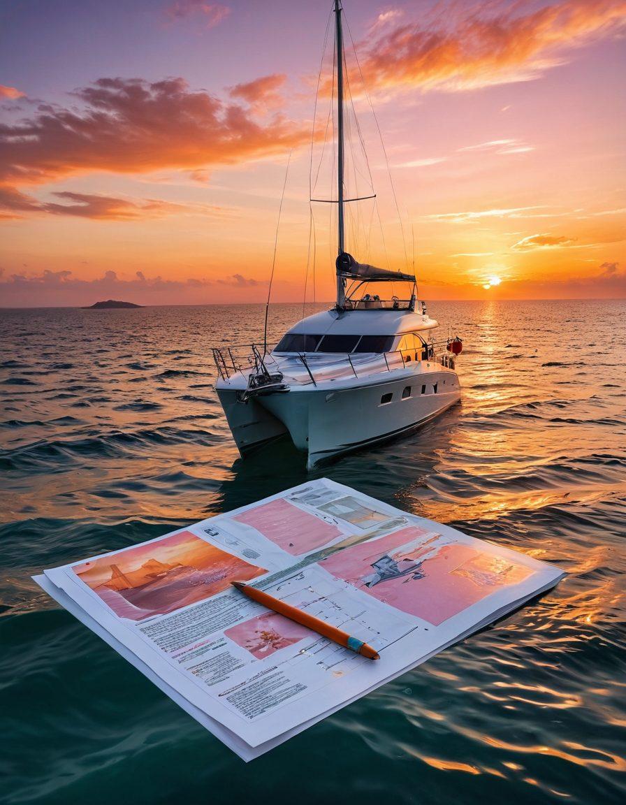 A serene scene of a luxurious yacht gliding through crystal-clear waters, with a vibrant sunset reflecting on the waves. In the foreground, an open insurance policy document lies on the deck, along with nautical charts and a compass. Surrounding the yacht, playful dolphins leap in the water, symbolizing adventure. The sky is painted in warm hues of orange and pink, suggesting a perfect evening at sea. super-realistic. vibrant colors. 3D.