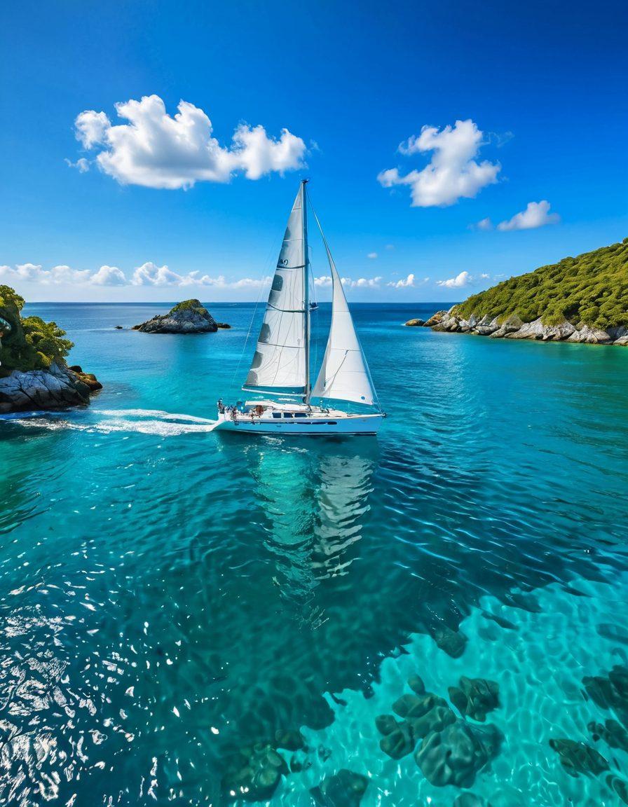 A majestic sailboat gliding smoothly across crystal-clear turquoise waters, the sails full and vibrant under a bright, sunny sky. Surrounding the boat are symbols of protection and adventure: anchors, compasses, and GPS devices, blending seamlessly into the scene. In the distance, a stunning coastline dotted with lush greenery beckons, representing new journeys and safe harbors. The entire composition exudes a sense of confidence and wanderlust. super-realistic. vibrant colors. blue sky.